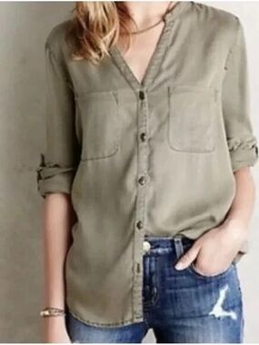 Anthropologie Holding Horses Olive Green Button Front  Utility Shirt pockets S